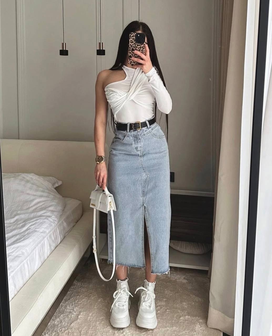 джинсовая юбка,мода стиль,джинсовая юбка миди,модные луки