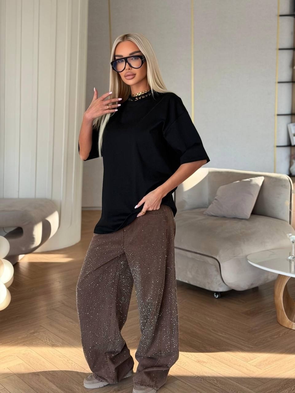 женская футболка,футболка со стразами оверсайз gul fashion,женская футболка оверсайз,футболки модные,футболка оверсайз черная