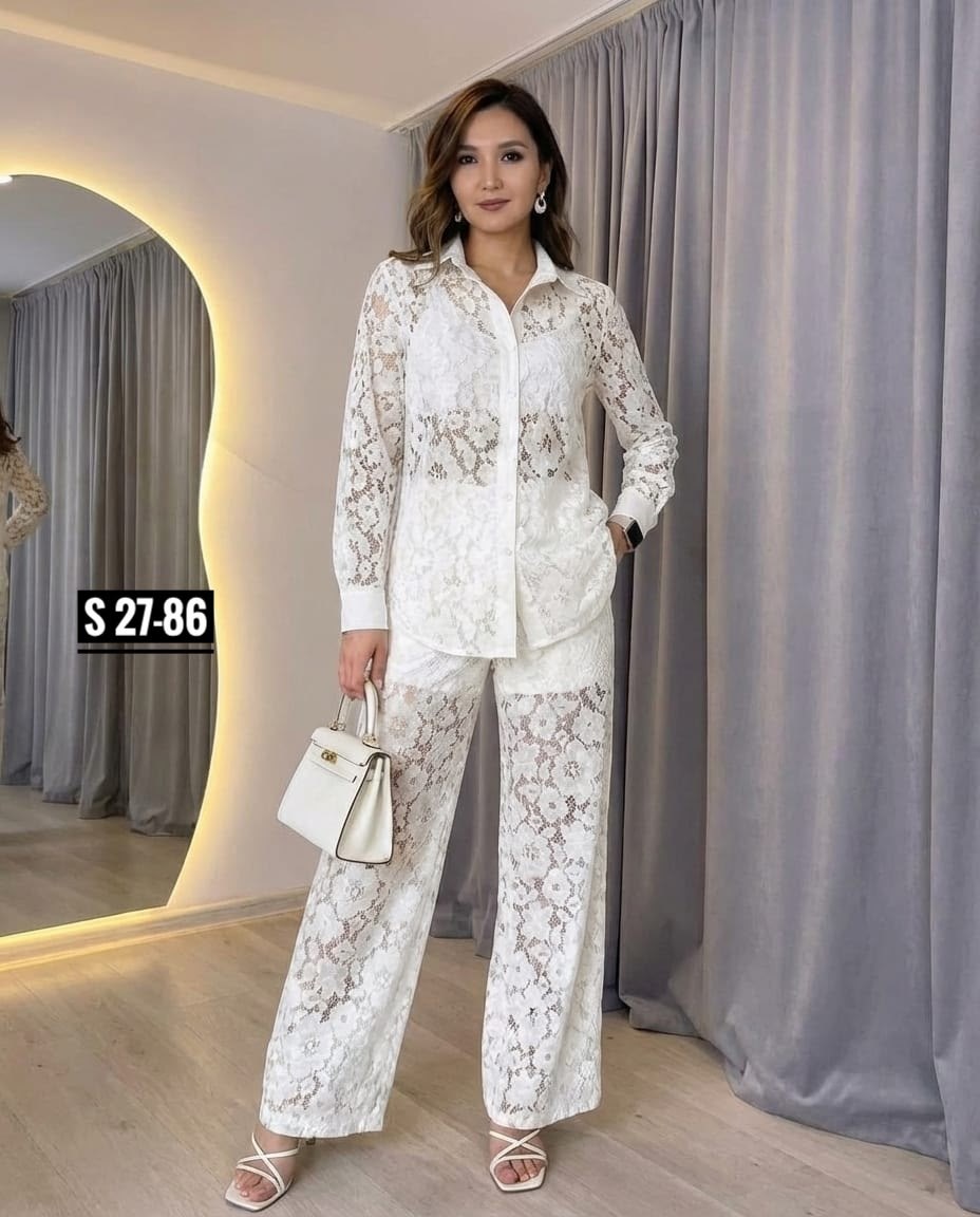 костюм двойка женский брючный кружевной,брючный костюм,костюм двойка гипюр,костюм кружевной брючный с поясом гипюр emberens,гипюровый костюм