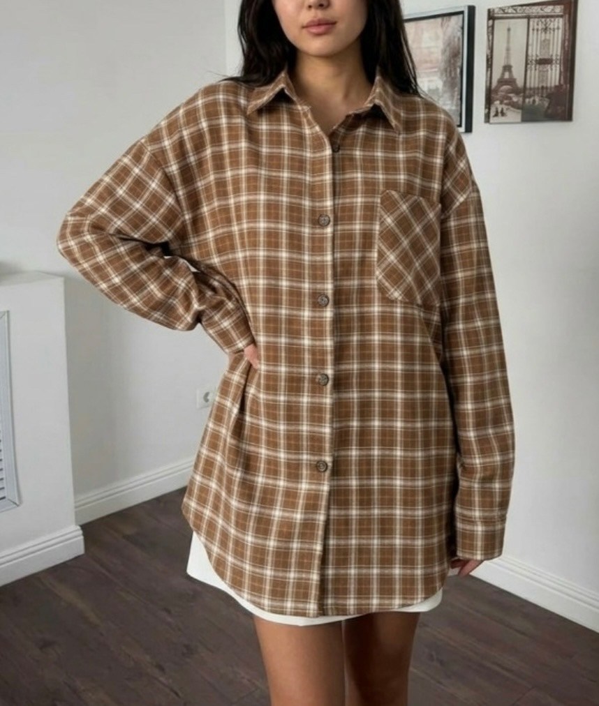 рубашка женская оверсайз в клетку,кореан стайл клетчатая рубашка,рубашка женская в клетку,клетчатая рубашка,рубашка в клетку в бежевом цвете