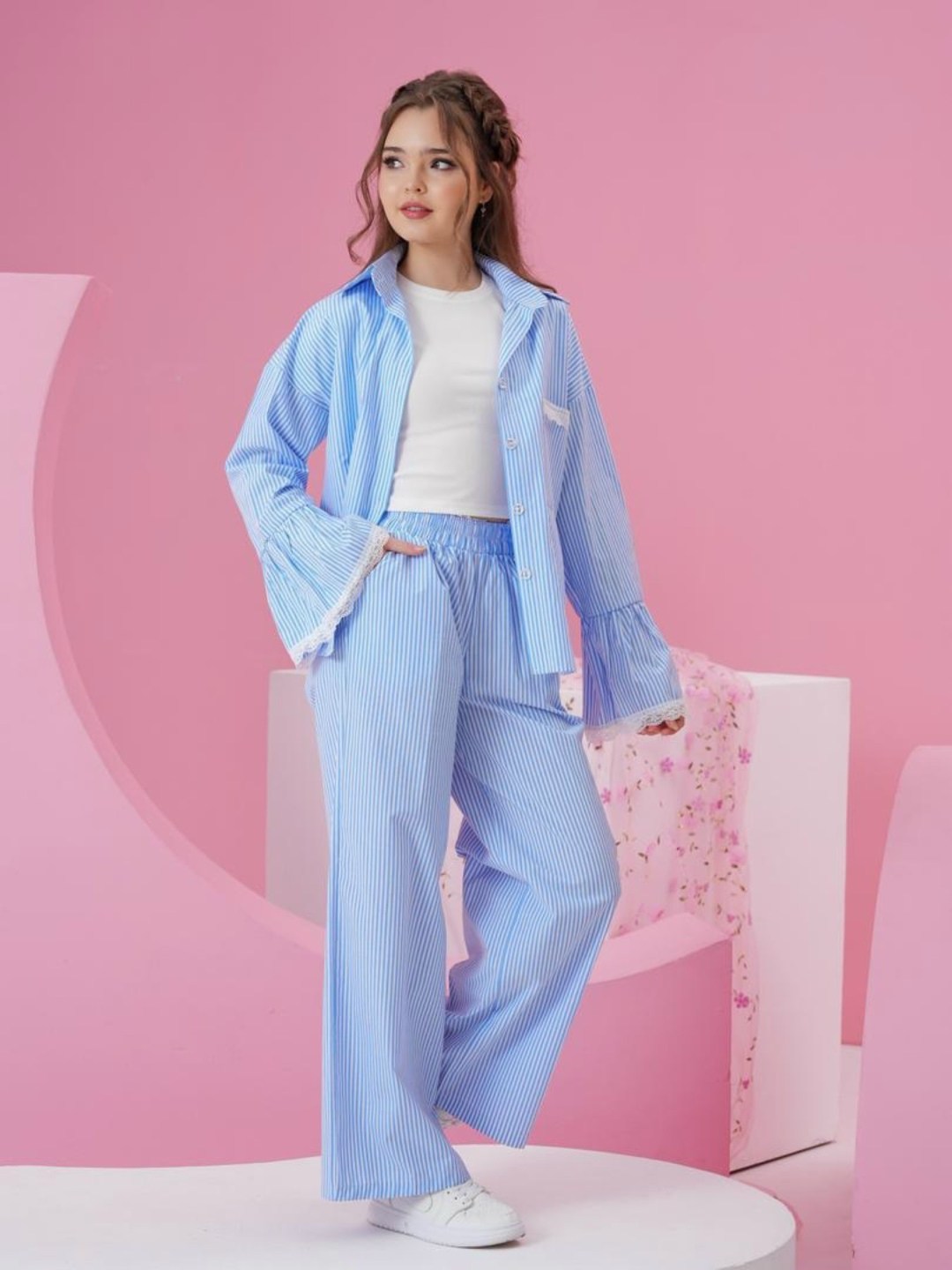 синие брюки с полосками и окантовкой the couture club,повседневный костюм,пижама женская,комплект брючный,пижама в полоску