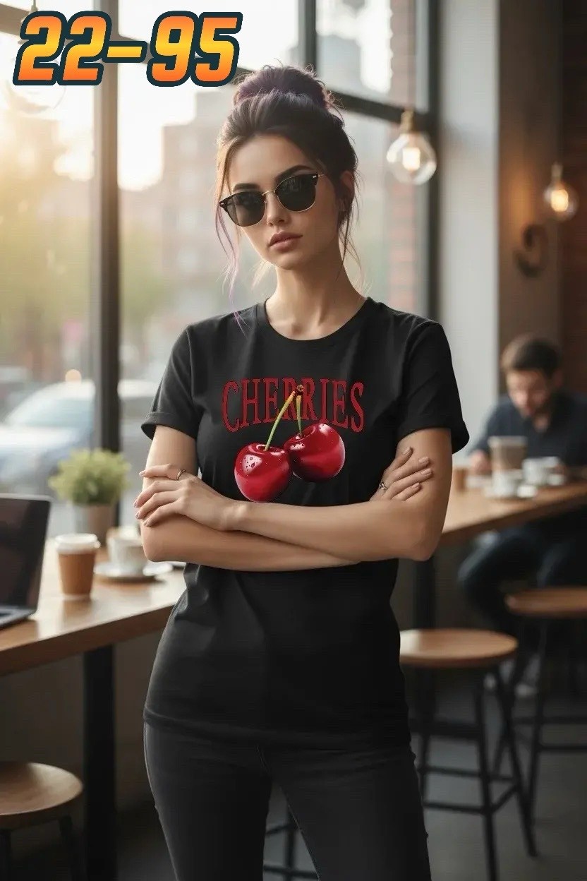 футболки женская,женские футболки с принтом,футболки модные,футболка с принтом вишни,футболка женская черная
