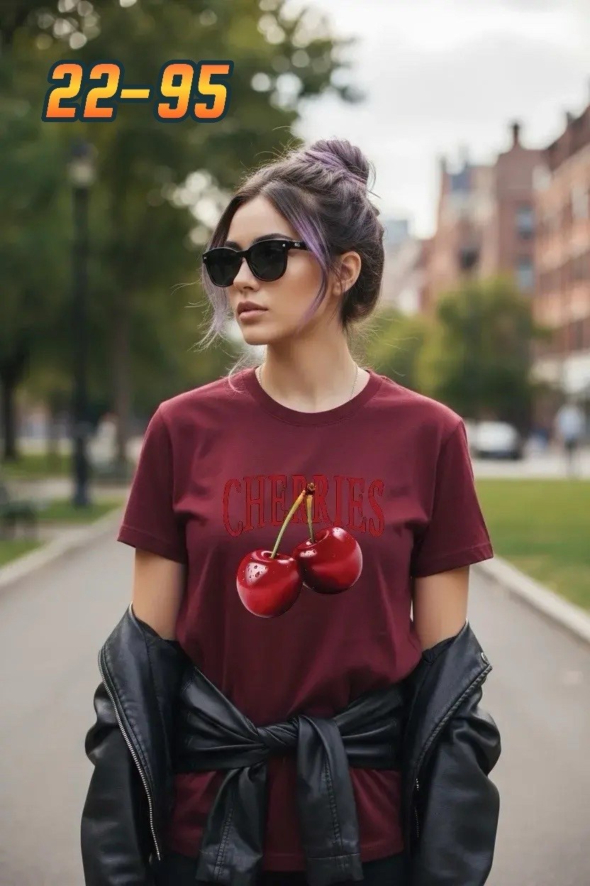 футболки женская,женские футболки с принтом,футболки модные,футболка с принтом вишни,футболка женская черная