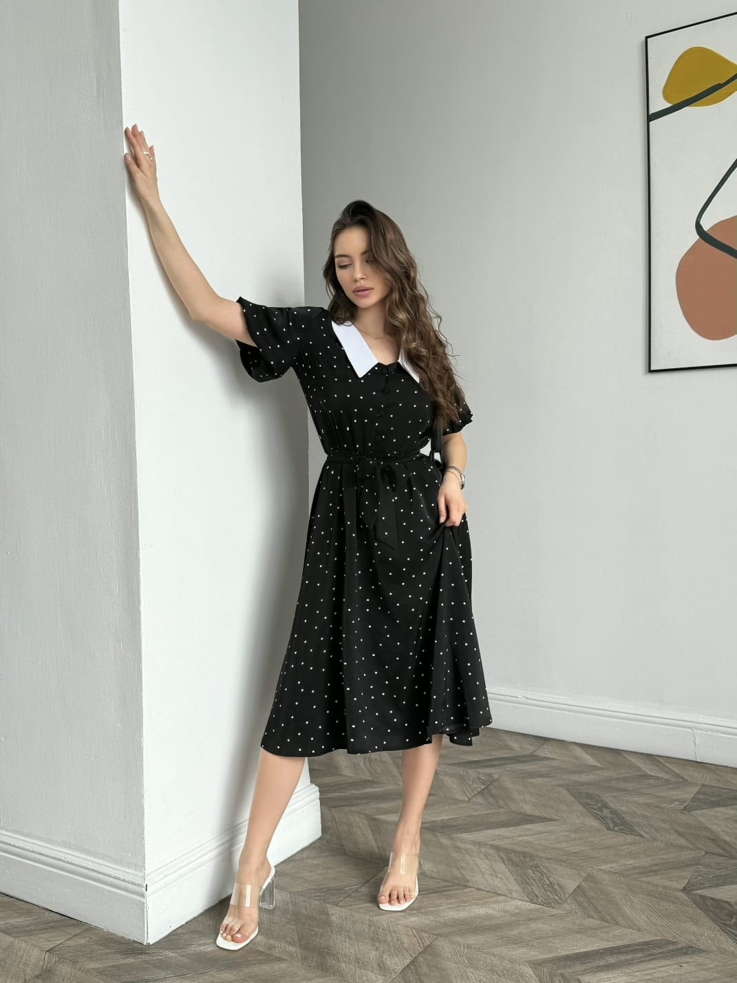 платье миди,платье в горошек с белым воротником,платье женской,платья,платье женское летнее