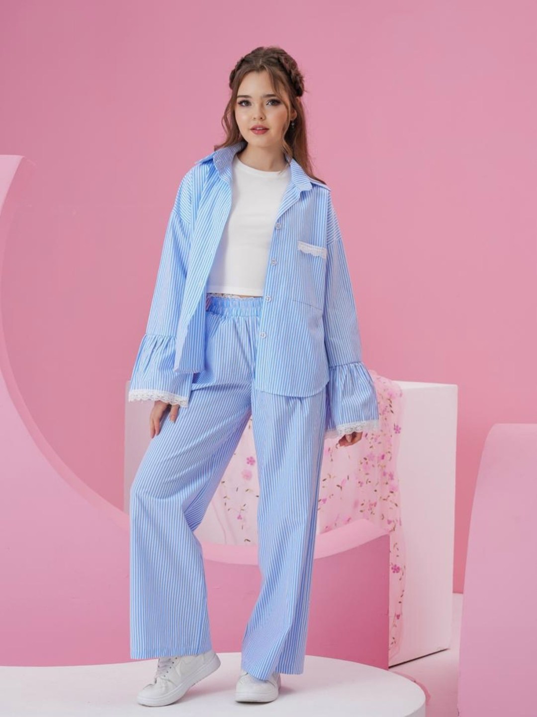 синие брюки с полосками и окантовкой the couture club,повседневный костюм,пижама женская,комплект брючный,пижама в полоску