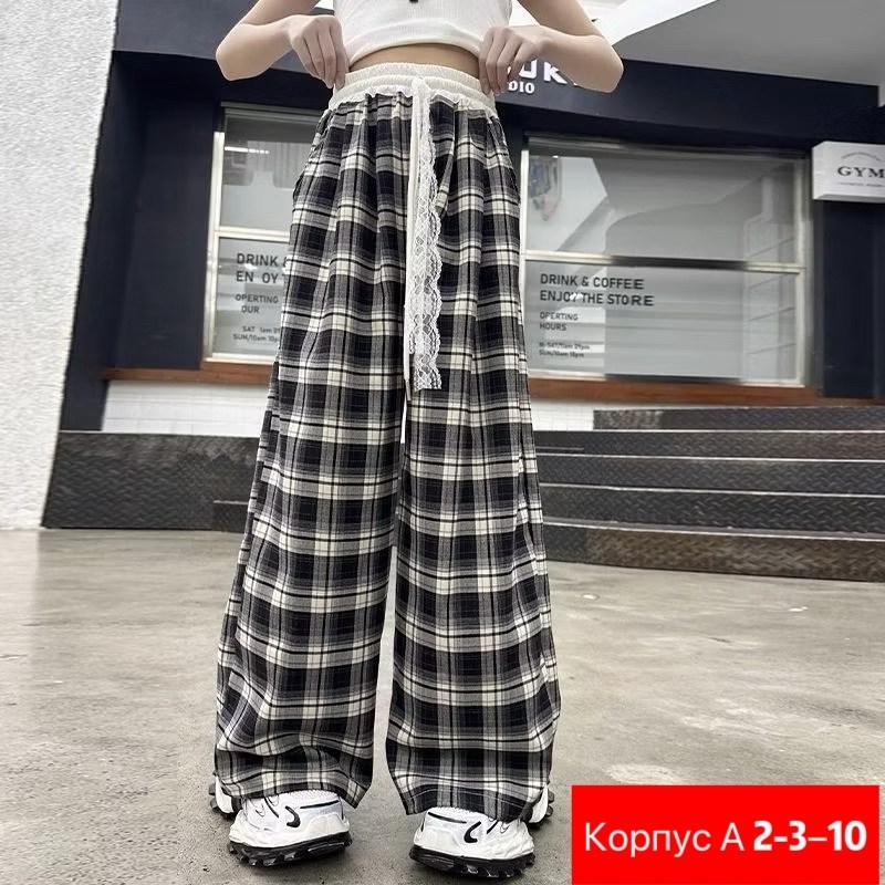 брюки женские в клетку,клетчатые штаны широкие,широкие брюки женские,штаны для девочек,женские клетчатые брюки с широкими штанинами