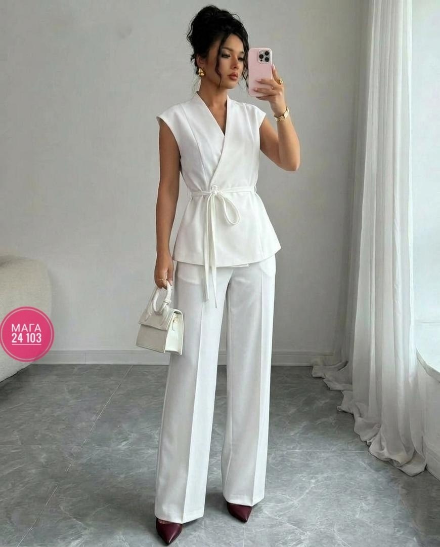 летний брючный костюм с жилетом bk06-10-1,брючный костюм,костюм женский брючный,белый костюм брючный,женский брючный классический костюм