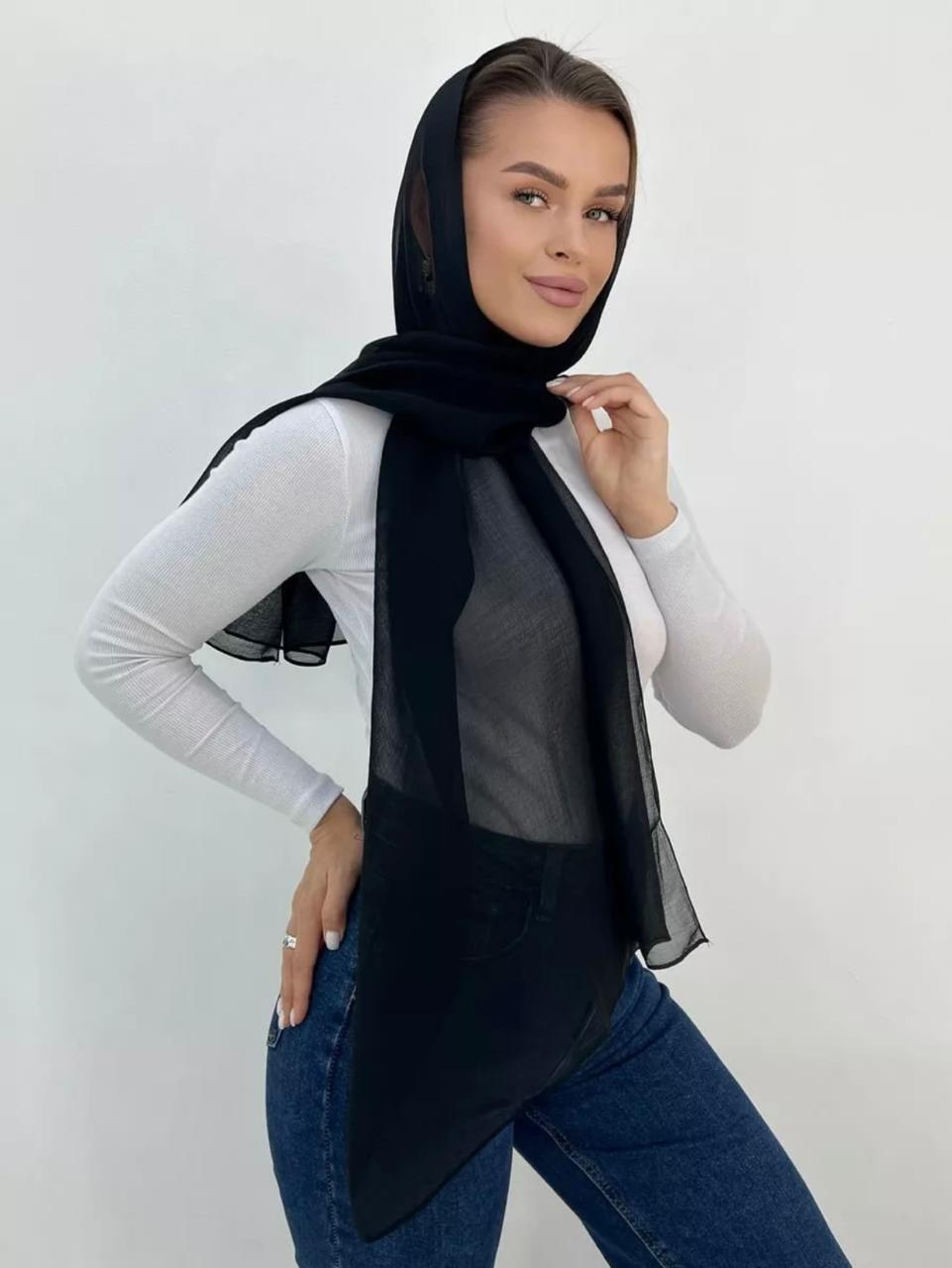 однотонный шелковый шарф,шарф шифоновый однотонный,женский длинный шелковый шарф,шарф белый,шарф шифоновый черный