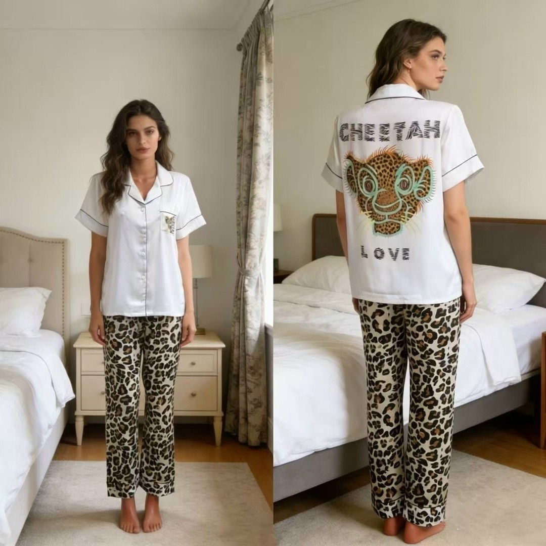 женская пижама,леопардовая пижама,комплект пижама,пижама для женщин,белая пижама с принтом леопарда
