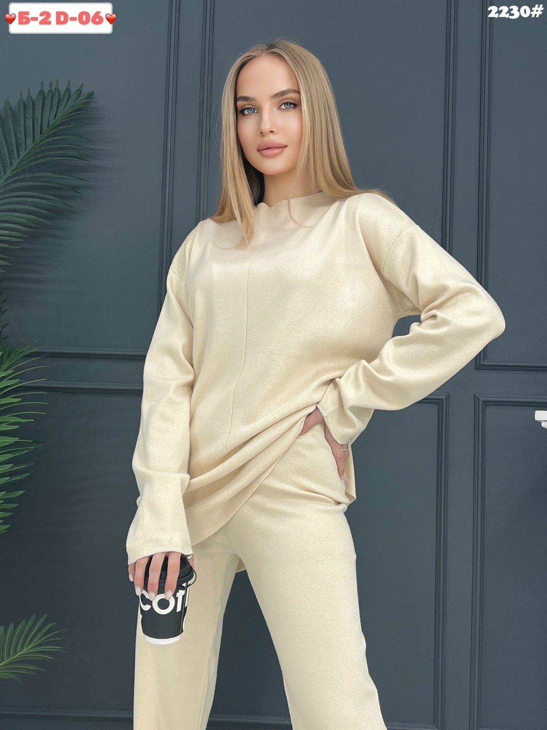 женский кашемировый костюм с широкими брюками и свитером,трикотажный костюм,женский костюм,костюм молочный,костюм с брюками