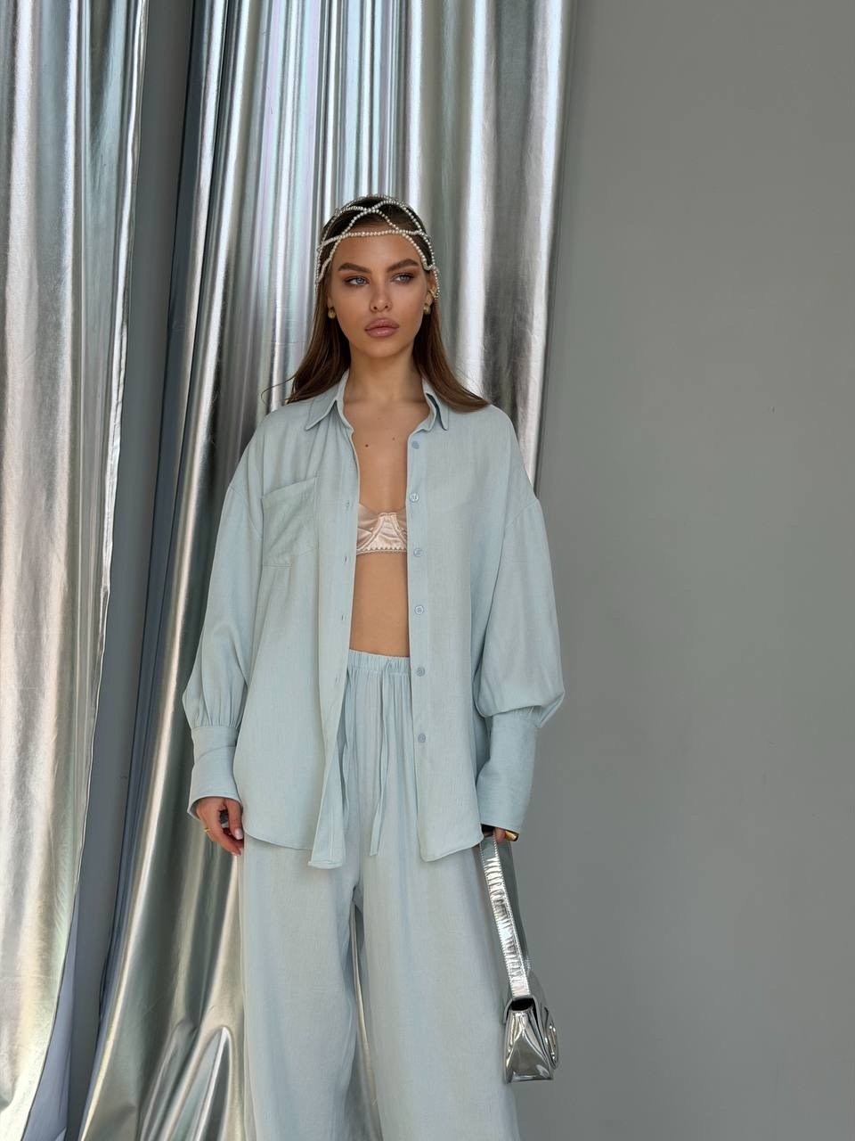 женский атласный пижамный комплект linad,пижама женская,пижама для женщин,женские костюмы,костюм голубой