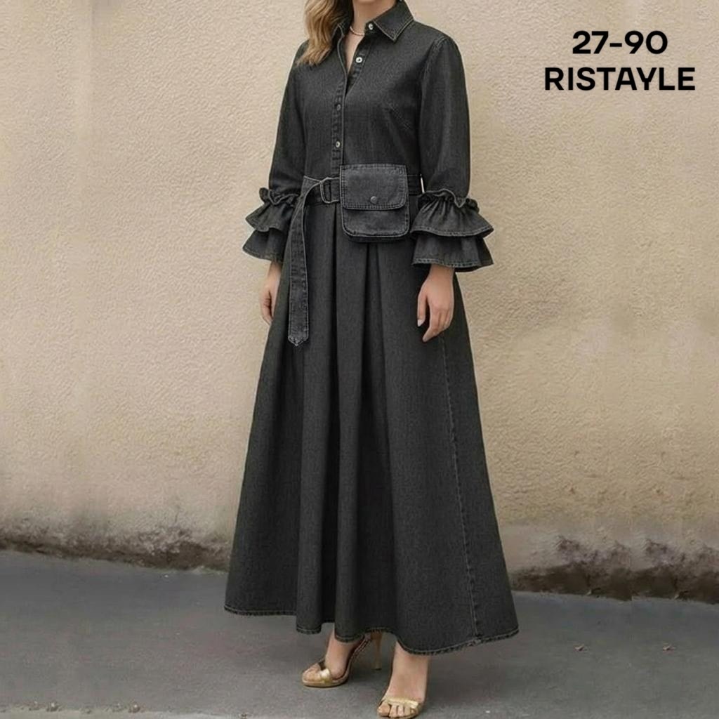 женское джинсовое платье,платье из джинсовой ткани,джинсовая платье,мусульманские платье,женское винтажное джинсовое платье длинное однобортное с высокой талией, оборками и широким подолом