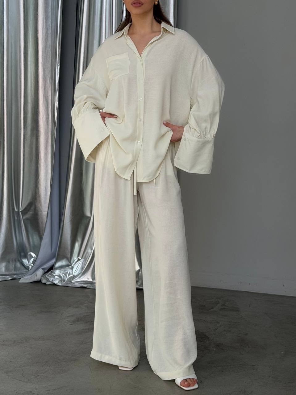 пижамные костюмы,белые костюмы,шелковый костюм,женский брючный костюм,lorani брюки в пижамном стиле