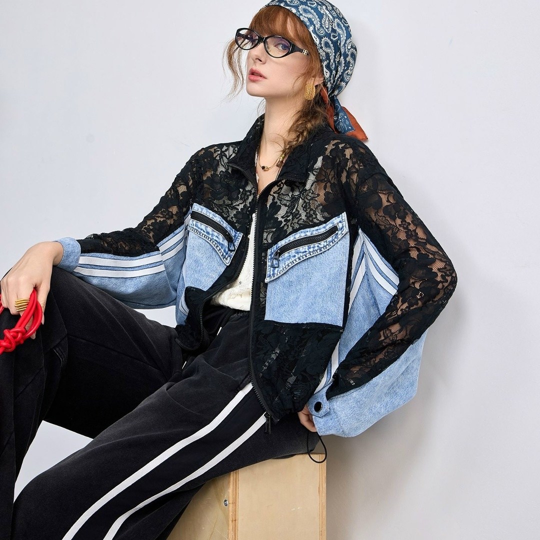 женская джинсовая куртка,джинсовая куртка с кружевом,джинсовая куртка,джинсовая кружевная куртка,модные джинсовые куртки