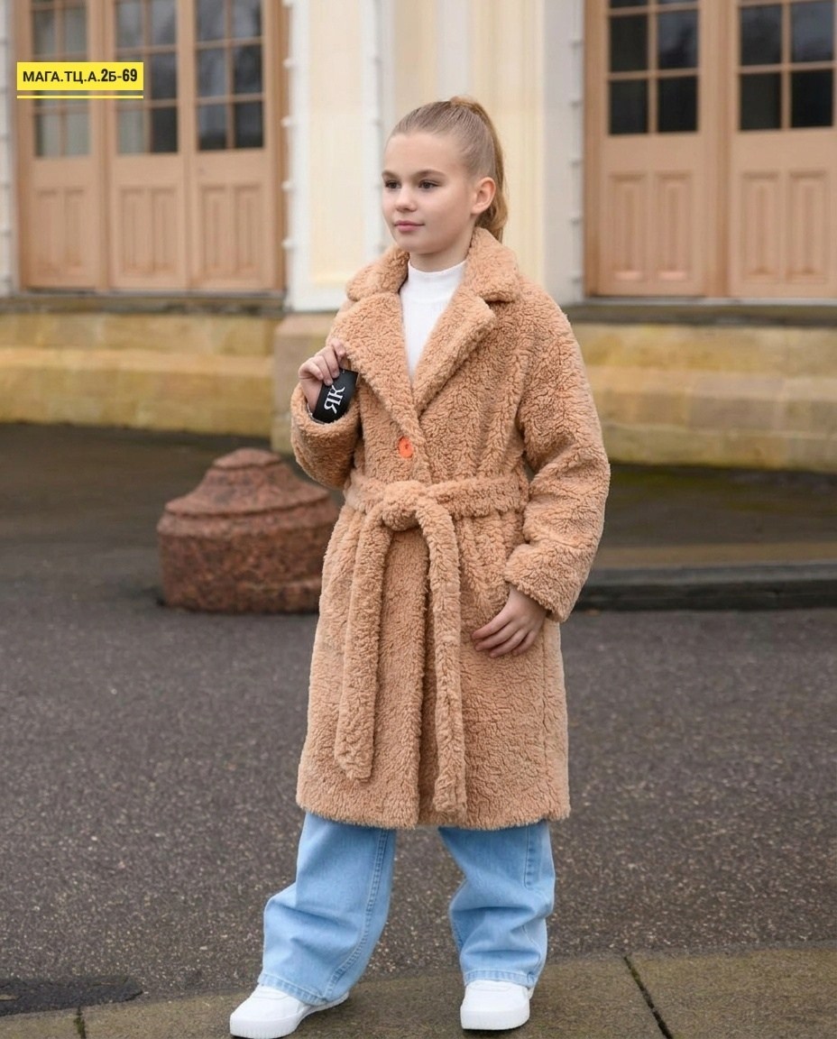 пальто из искусственного меха с поясом g'n'k,пальто стильные непоседы,пальто для девочек,пальто из искусственного меха,плюшевое пальто