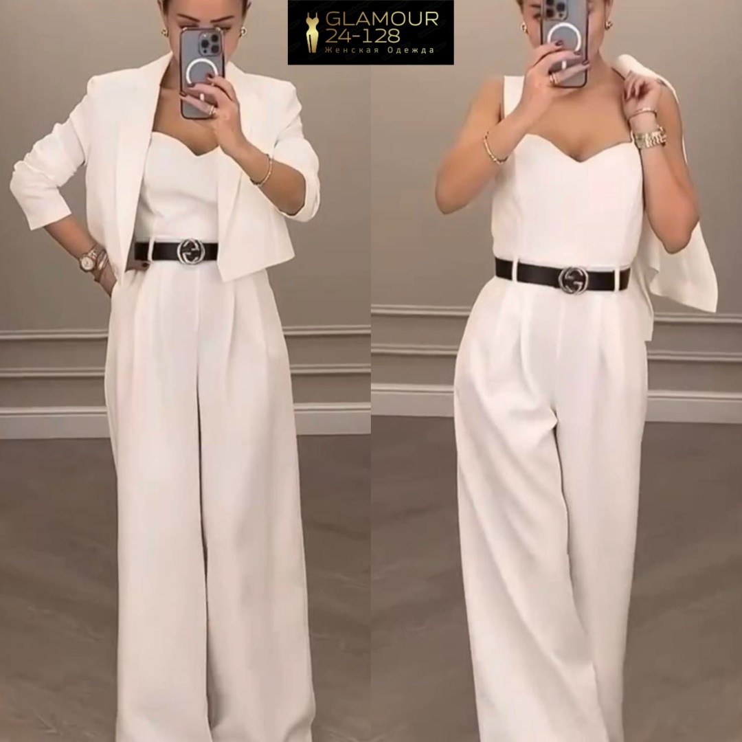 элегантные комбинезоны,белый костюм женский брючный палаццо,костюм с брюками палаццо,белый брючный костюм,женские костюмы