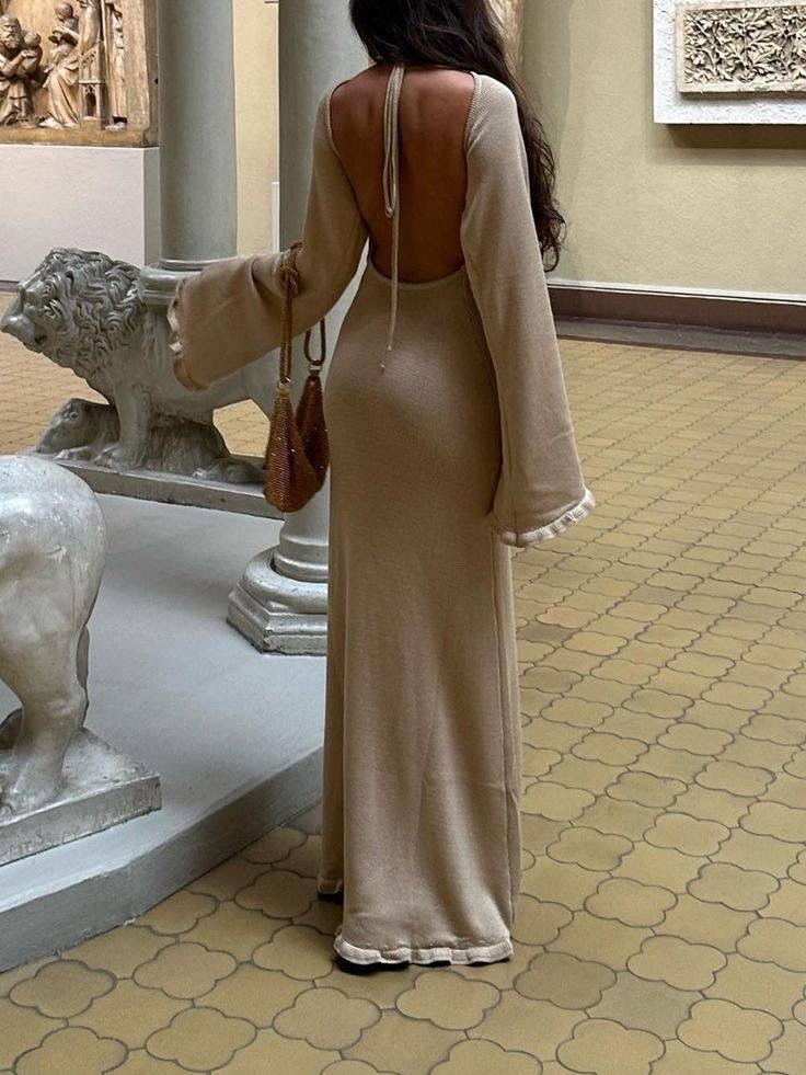 женское трикотажное платье-макси с открытой спиной и оборками,платье с открытой спиной,платье на бретельках,платье с открытой спиной и длинным рукавом,платье вязаное с открытой спиной