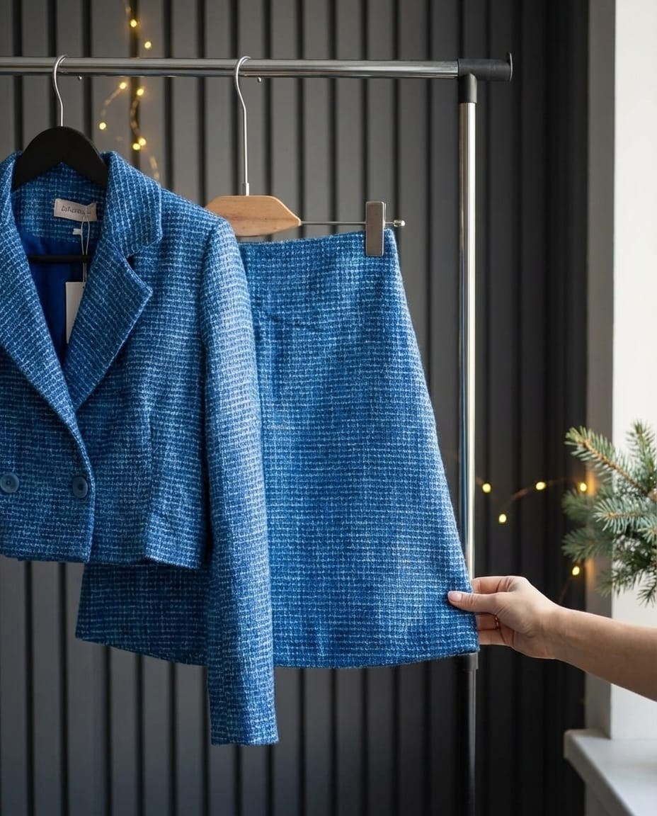 женский твидовый костюм из двух предметов,твидовый костюм,твидовый костюм голубой шанель,твидовый костюм голубой,костюм с юбкой твидовый