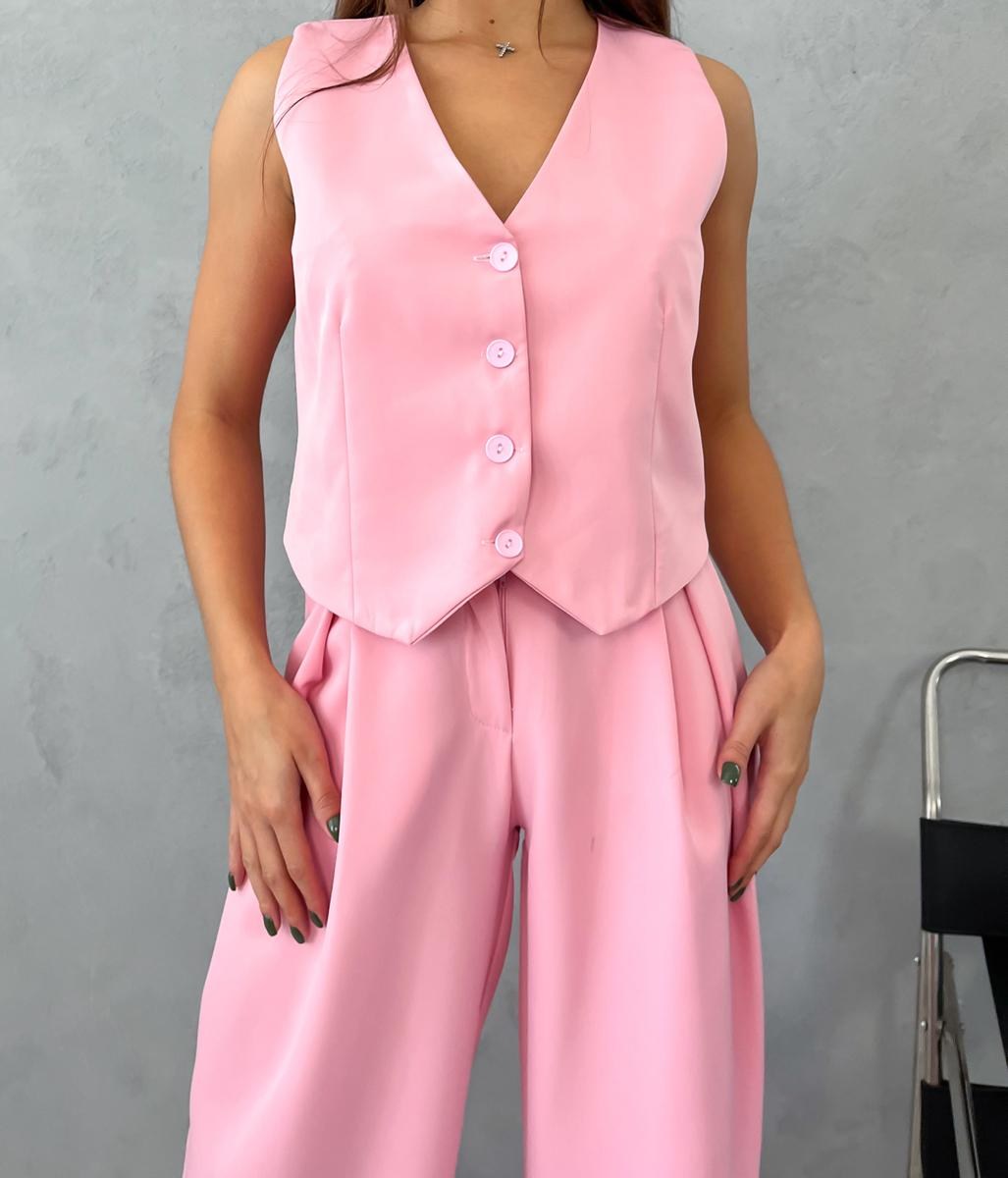 женский брючный костюм двойка,розовый костюм с жилеткой,женский костюм,костюм с брюками,костюм двойка