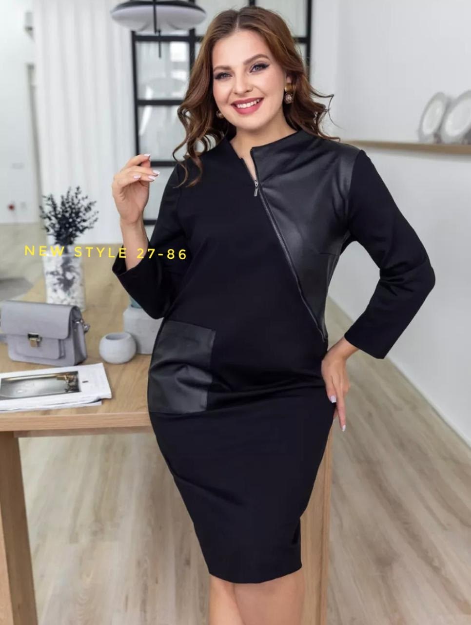 платье трикотажное с кожаными вставками в офис,платье женской,платье,платье с кожаными вставками,стильное платье