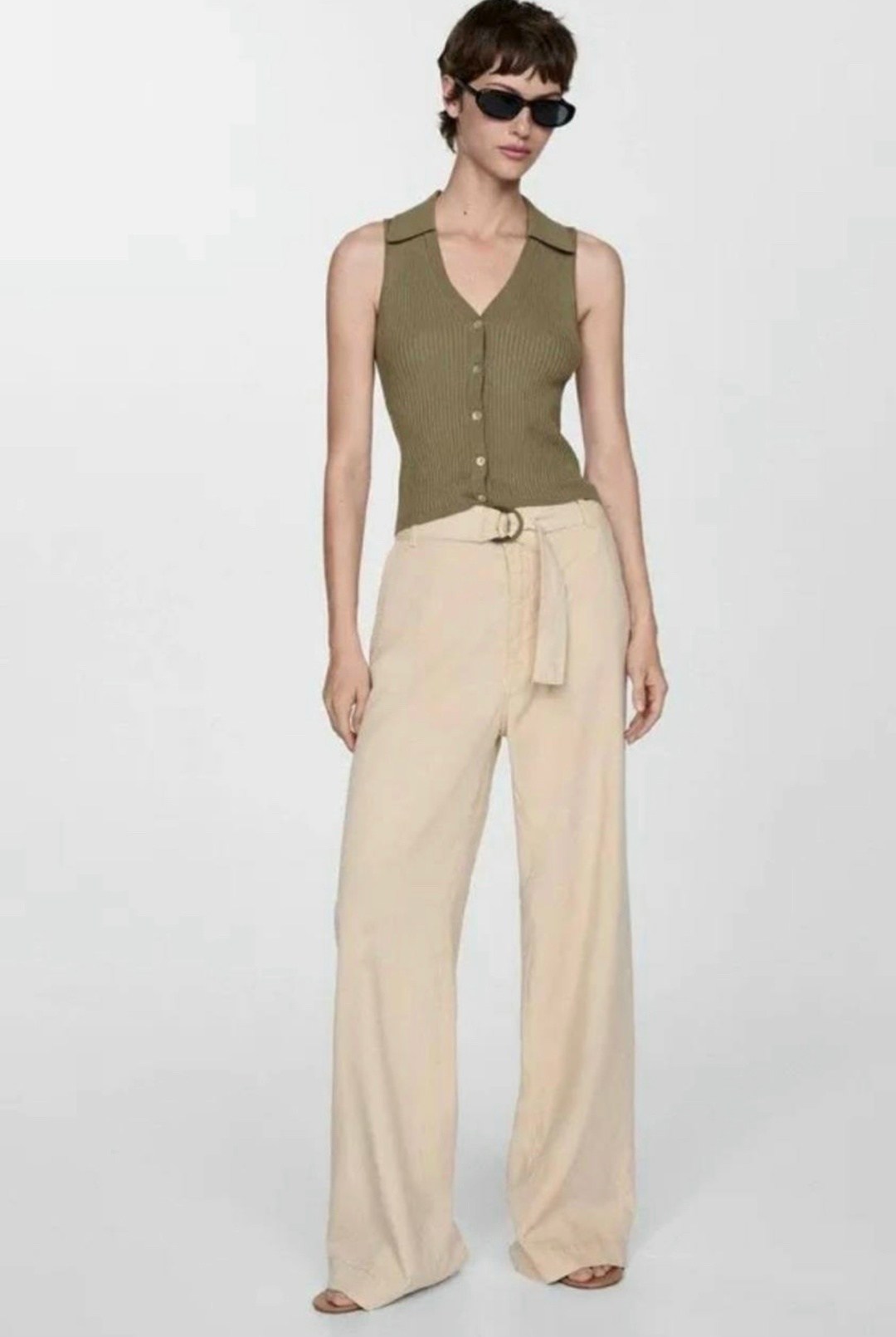 трикотажный топ,брюки льняные,жилет mango,бежевые брюки,широкие брюки