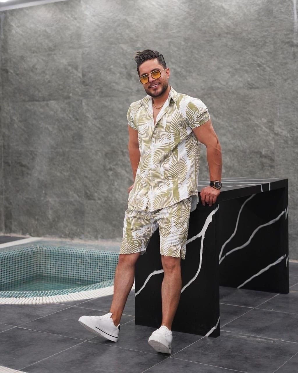 мужской летний костюм с шортами,гавайская рубашка мужская,мужская мода,пляжная рубашка,мужской костюм с шортами