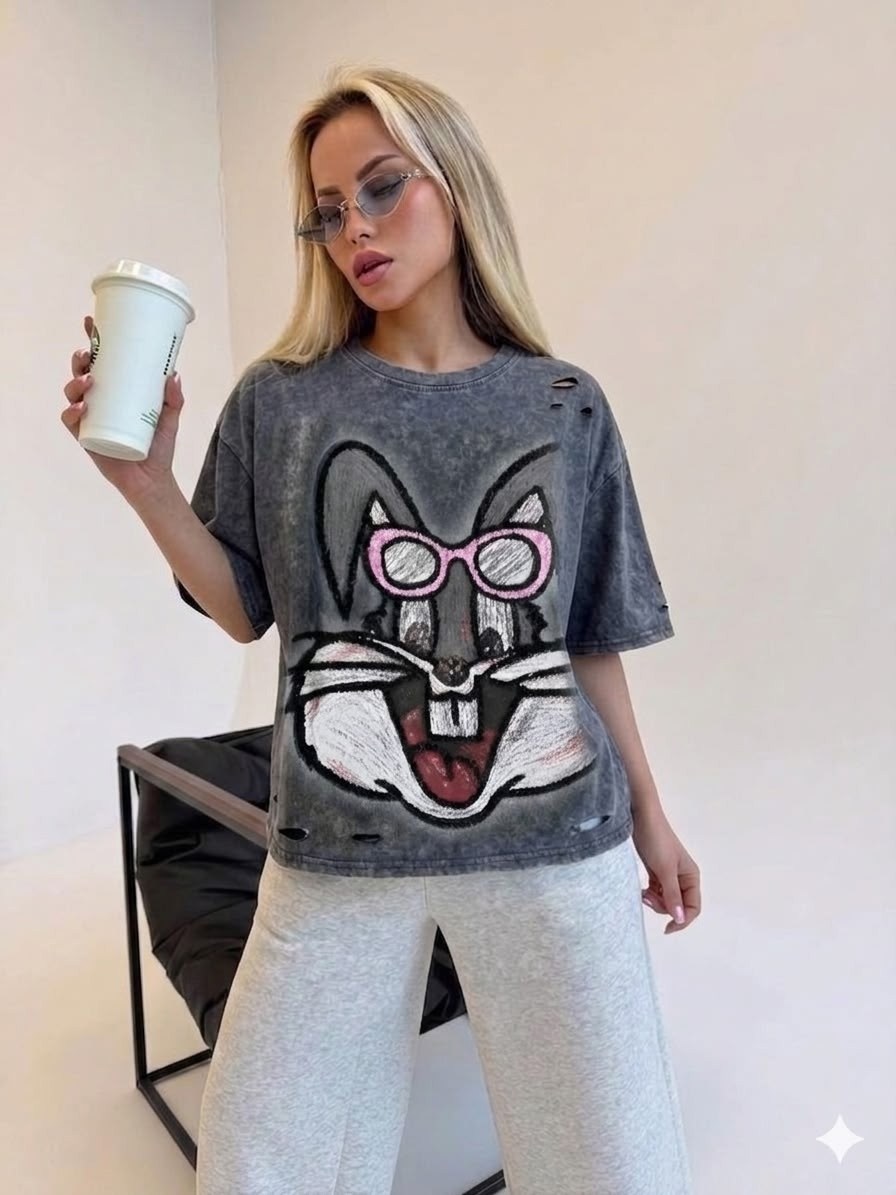 футболка варенка оверсайз с принтом bugs bunny,футболка варенка с принтом оверсайз,женская футболка,футболка варенка с принтом оверсайз удлиненная,женская футболка оверсайз