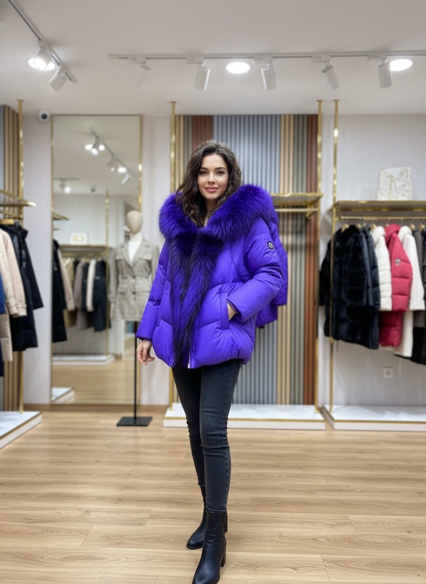куртка - пуховик с мехом чернобурки city furs,пуховик с натуральным мехом,пуховик женский,пуховик зимний женский,пуховик с мехом чернобурки oversize фиолетовый