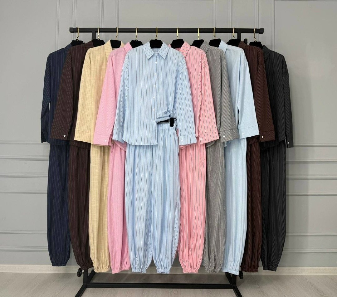 повседневный костюм,костюм-пижама домашний рубашка со штанами,брюки женские белые в голубую полоску,костюм,костюм в пижамном стиле