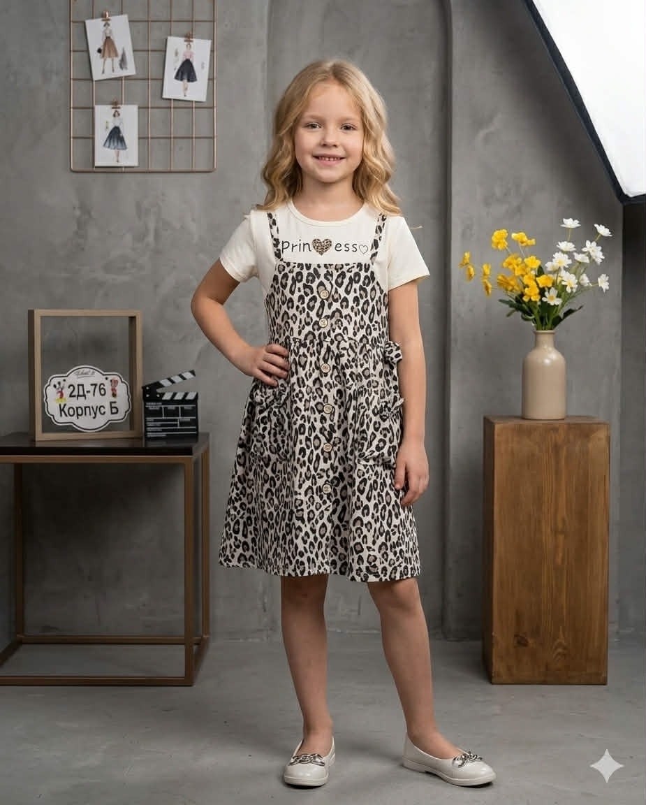 сарафан детский happy fox hf106sp леопард на бежевом,сарафан детский,сарафан для девочки,платье для девочки,леопардовый сарафан