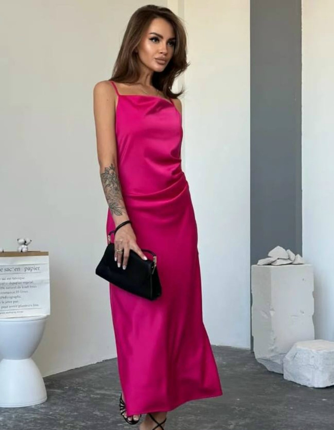 шелковое платье комбинация,платье комбинация фуксия,атласное платье,платье комбинация атласное миди,платье-комбинация