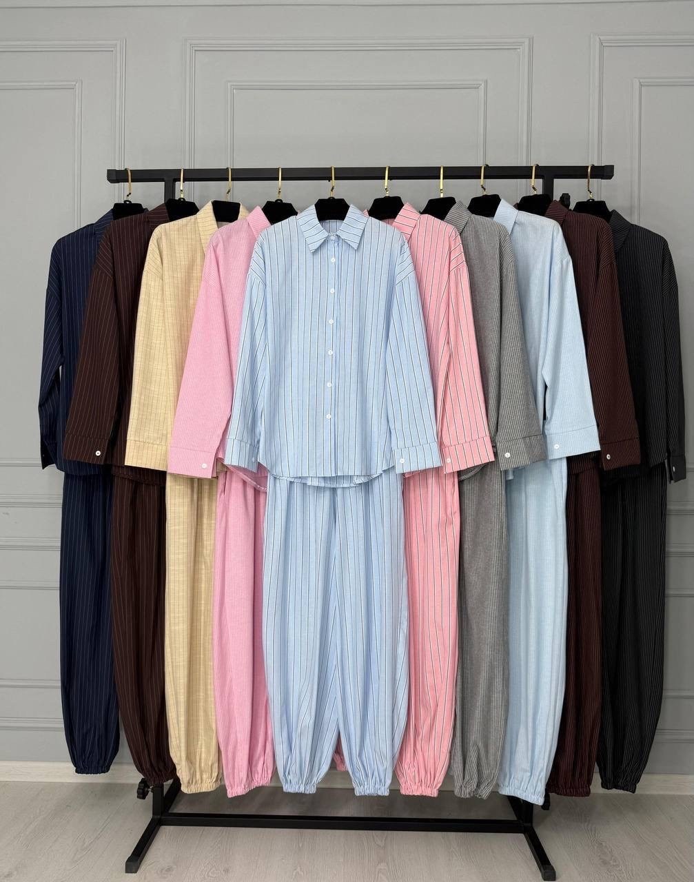 повседневный костюм,костюм-пижама домашний рубашка со штанами,брюки женские белые в голубую полоску,костюм,костюм в пижамном стиле