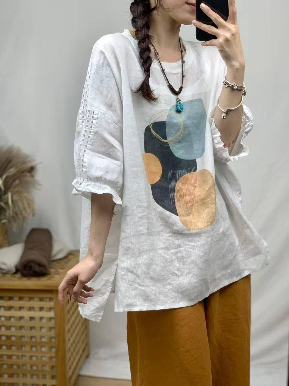 женские льняные футболки,стильные льняные блузки,женская блузка,свободные женские,льняная блузка