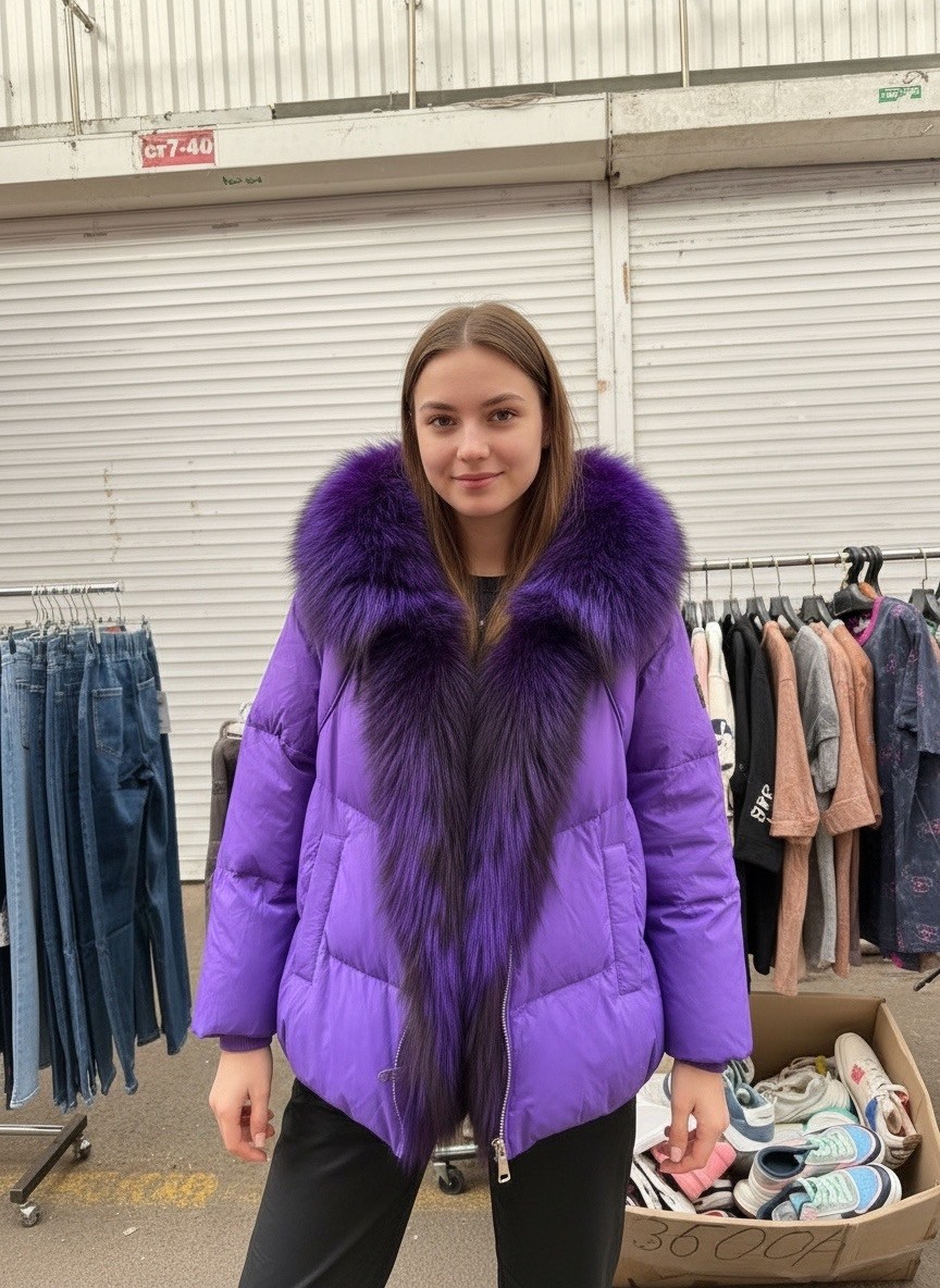 куртка - пуховик с мехом чернобурки city furs,пуховик с натуральным мехом,пуховик женский,пуховик зимний женский,пуховик с мехом чернобурки oversize фиолетовый