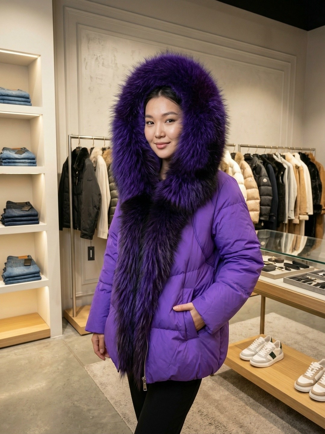 куртка - пуховик с мехом чернобурки city furs,пуховик с натуральным мехом,пуховик женский,пуховик зимний женский,пуховик с мехом чернобурки oversize фиолетовый