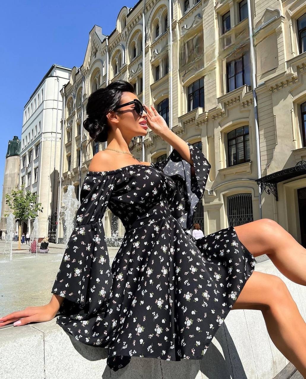 модные платья 2026,летнее платье,женское летнее платье,короткое платье,женское белое летнее платье с открытыми плечами и расклешенным рукавом