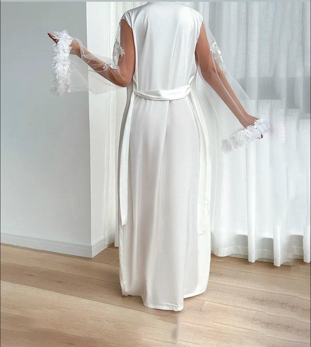халат с прозрачными длинными рукавами,длинный халат с перьями,длинный халат,белый женский халат,пеньюар с перьями длинный
