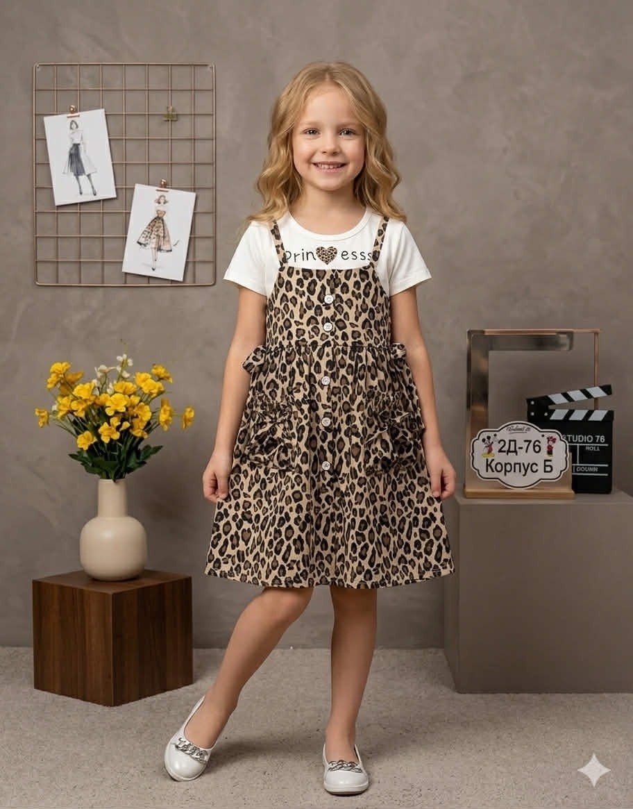 сарафан детский happy fox hf106sp леопард на бежевом,сарафан детский,сарафан для девочки,платье для девочки,леопардовый сарафан