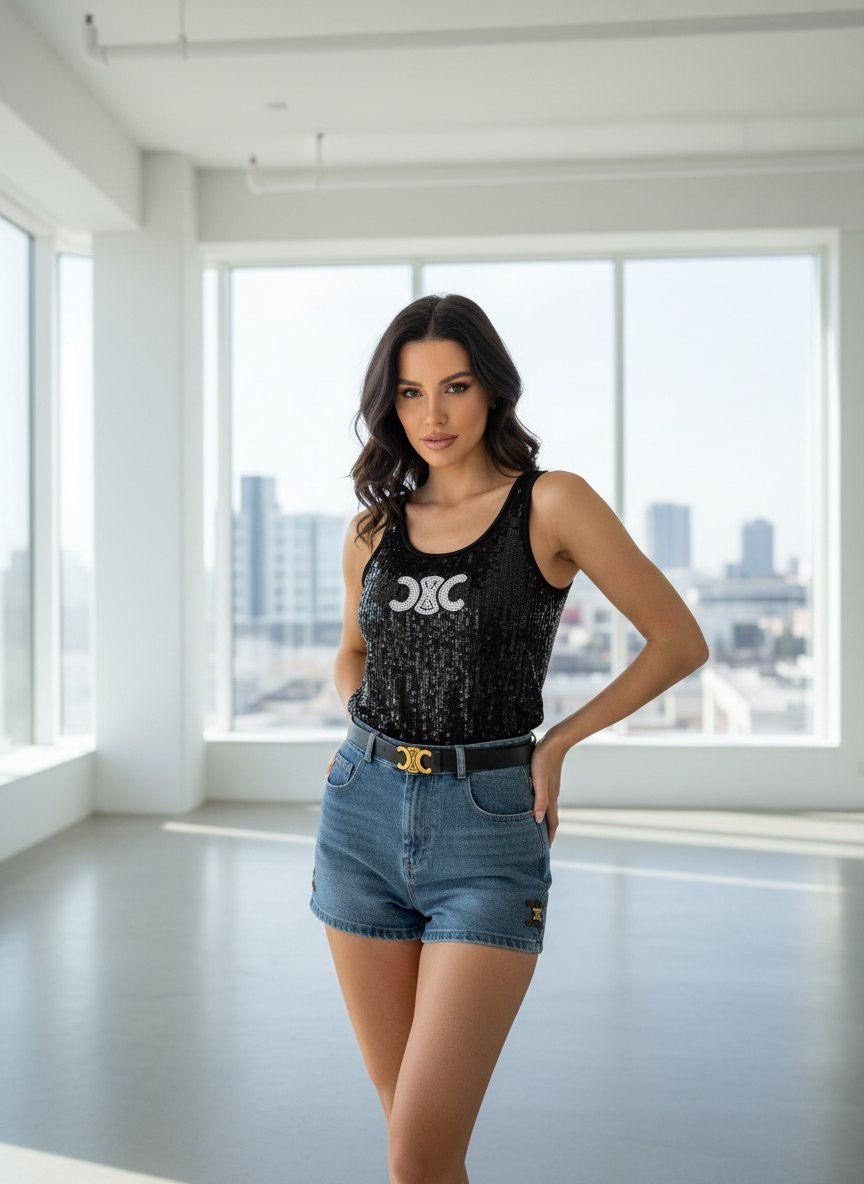 женский блестящий жилет,топ женский,топ для женщин,женский блестящий жилет с круглым вырезом