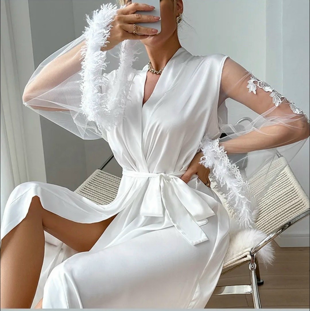 халат с прозрачными длинными рукавами,длинный халат с перьями,длинный халат,белый женский халат,пеньюар с перьями длинный