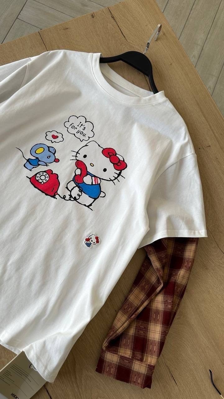 футболка с хеллоу китти,футболка хелло китти,футболка с хеллоу китти твое,hello kitty t shirt,sanrio hello kitty летняя свободная футболка с короткими рукавами
