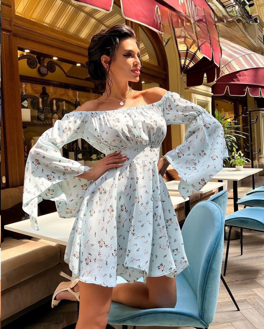 модные платья 2026,летнее платье,женское летнее платье,короткое платье,женское белое летнее платье с открытыми плечами и расклешенным рукавом