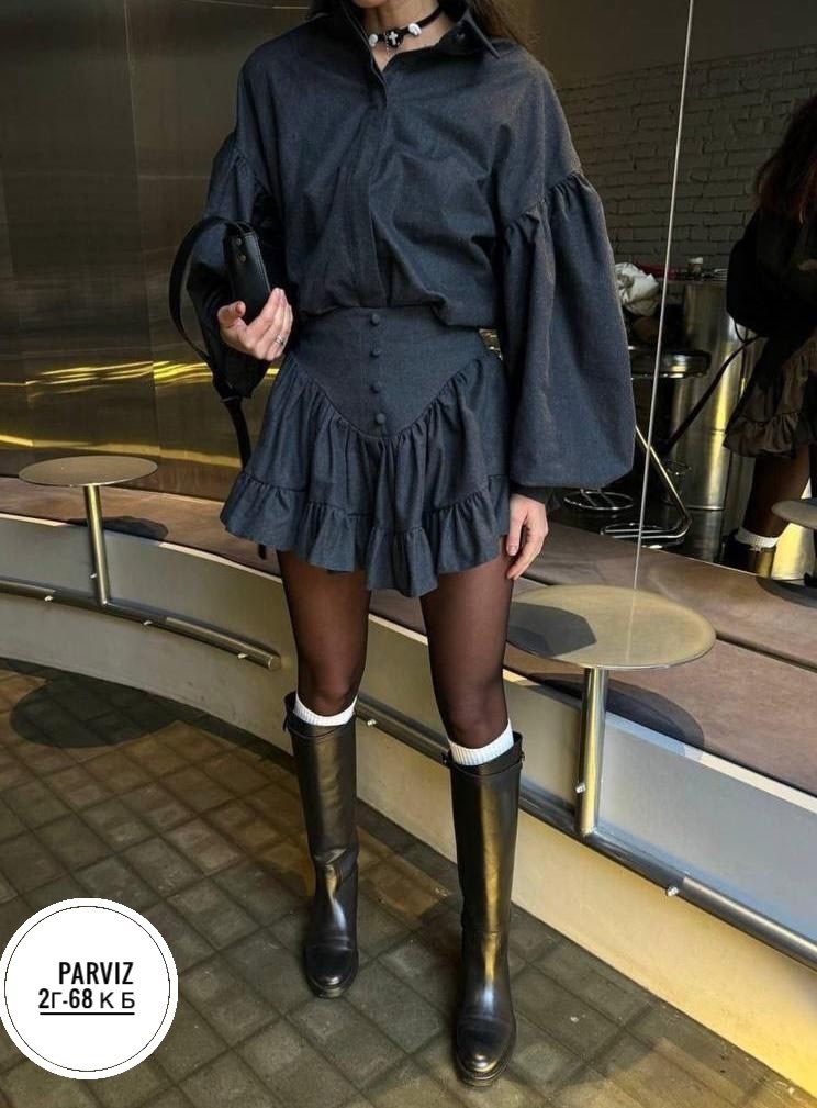 женский костюм рубашка+юбка,костюм с объемными рукавами и юбкой с воланами,костюм с рубашкой и юбкой,женский костюм двоечка (рубашка+юбка),юбка и рубашка