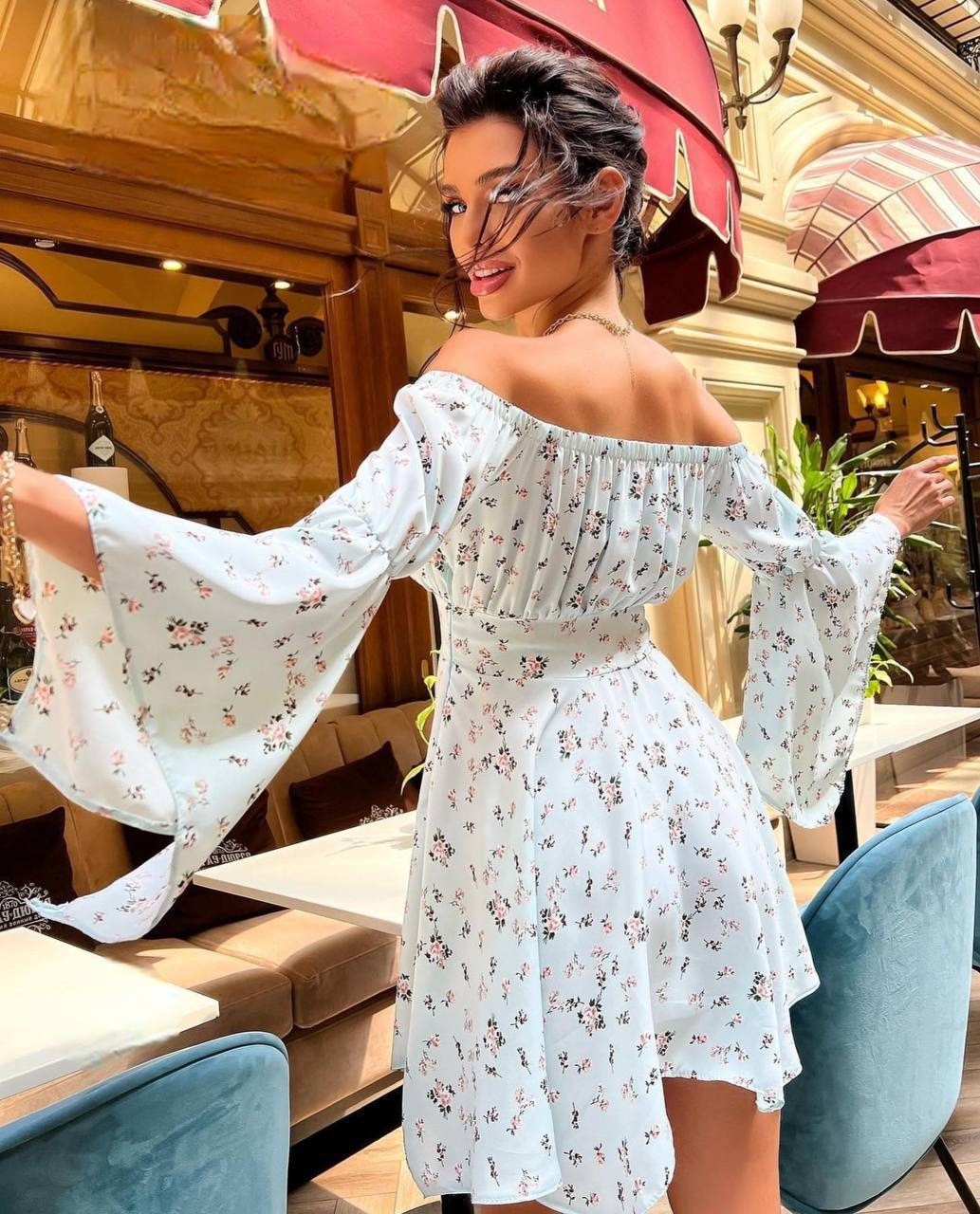 модные платья 2026,летнее платье,женское летнее платье,короткое платье,женское белое летнее платье с открытыми плечами и расклешенным рукавом