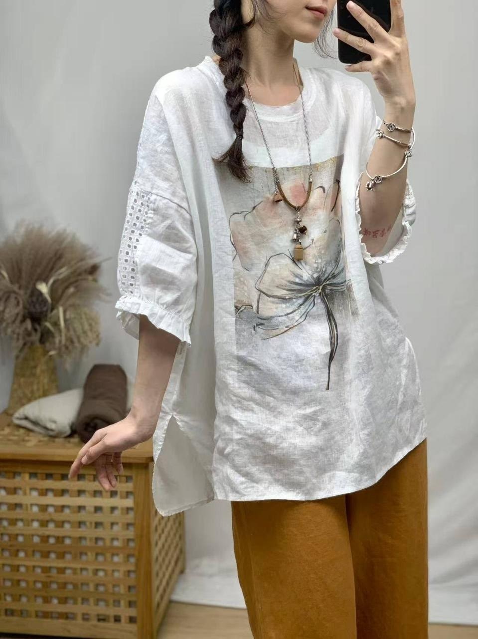 женские льняные футболки,стильные льняные блузки,женская блузка,свободные женские,льняная блузка