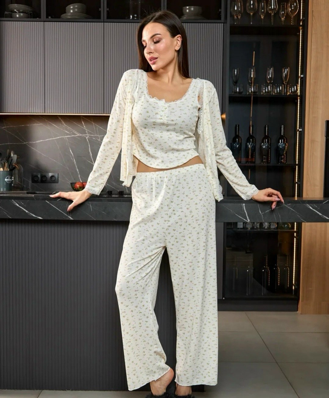 пижама женская,модная домашняя одежда,комплект пижама,пижама женская с брюками,пижама 3 в 1 тройка со штанами lightly