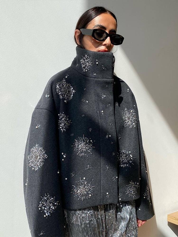 куртка с блестками,пальто с пайетками,куртка с высоким воротом,модная женская куртка,пальто куртка