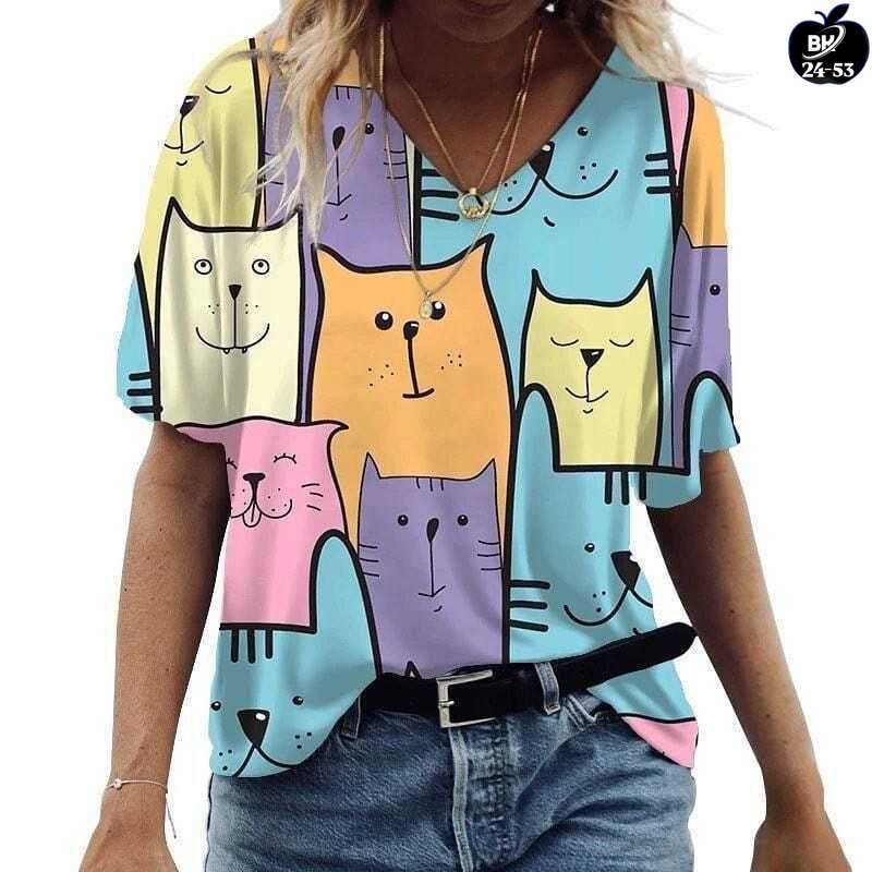 женские футболки с принтом,женские модные повседневные футболки,футболки женская,женская футболка с котиками,блузка с котиками