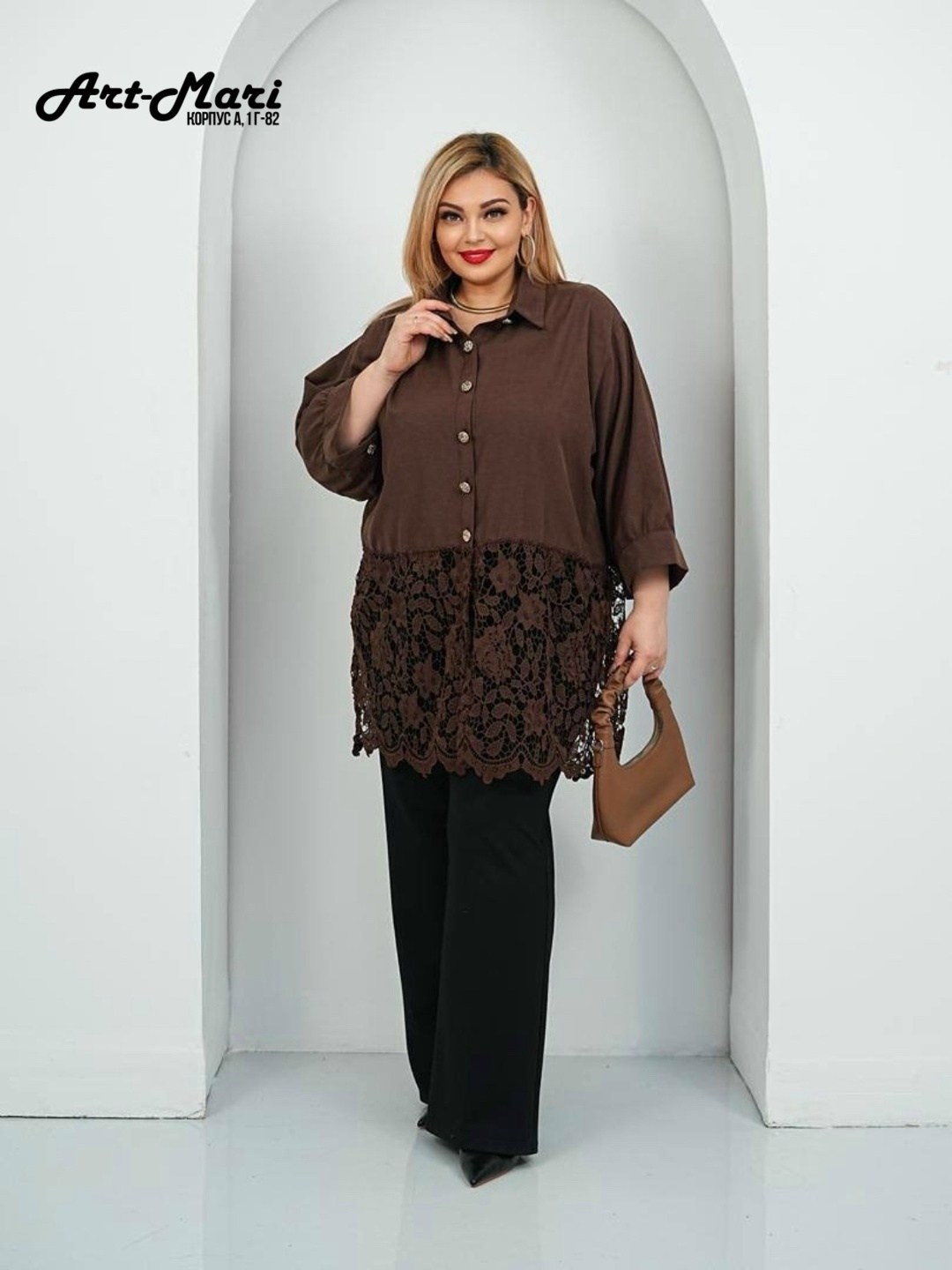 брючный костюм rumoda 2213 коричневый,туника большие размеров,туника для полных,брючный костюм rumoda 2213 коричневый двойка коричневый размер 48-56,брючный комплект