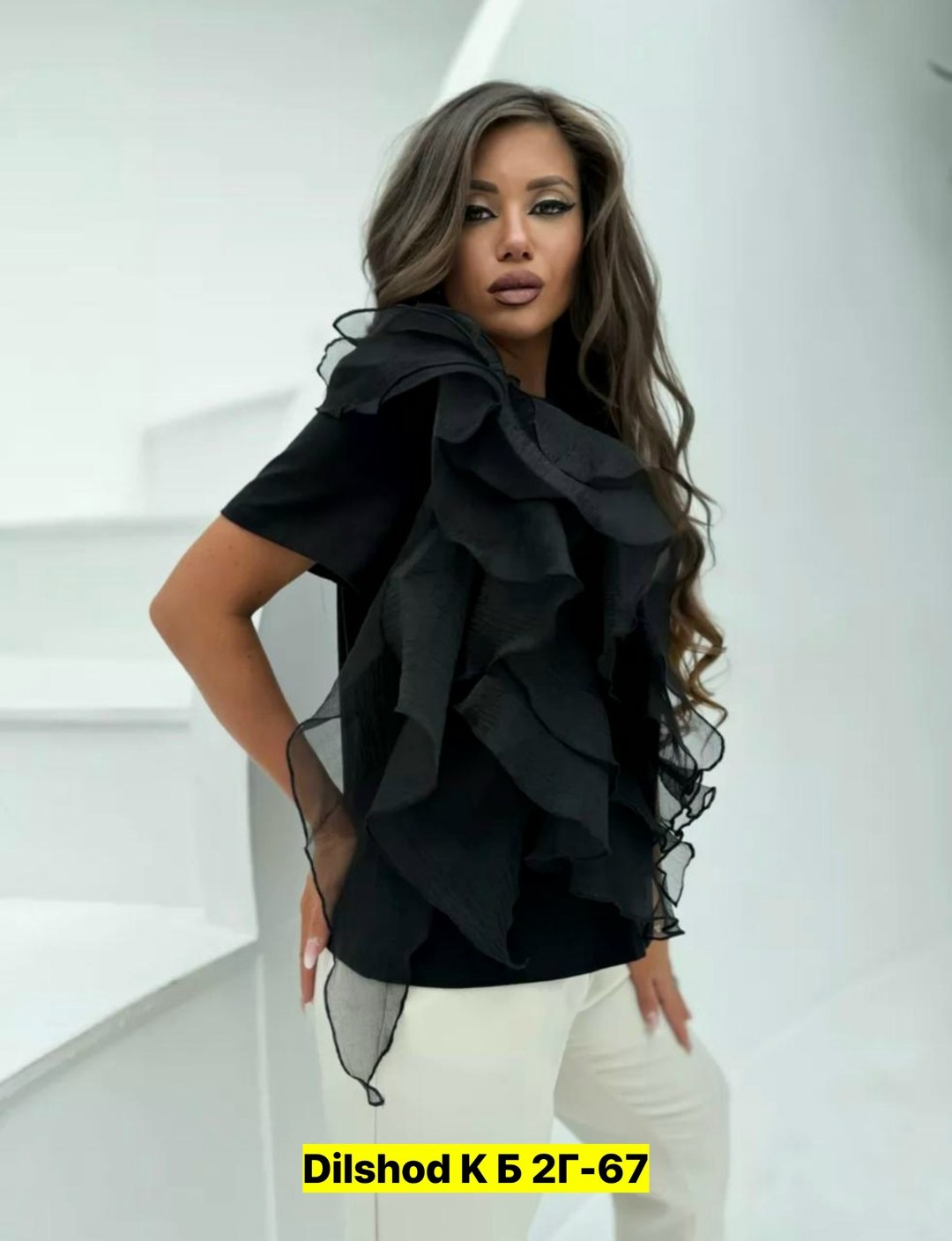 футболки женская,футболка с оборками,футболка черная однотонная нарядная с рюшами и воланами disorelle,блузка женская,женская блуза